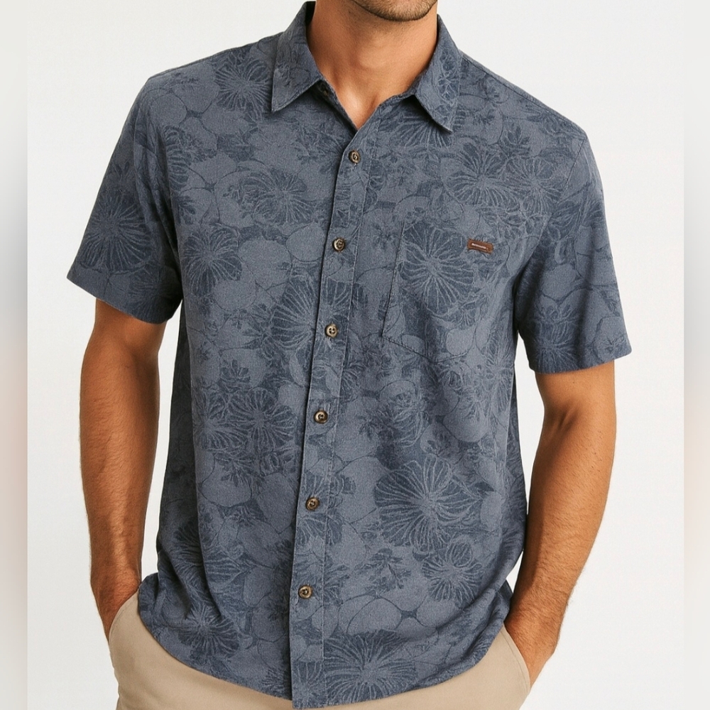 Eddie Bauer Mens Shirt Blue Tropical Short Sleeve Button Up Linen Blend …
